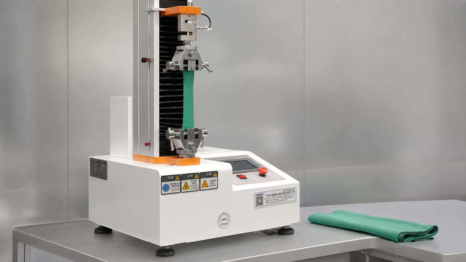 Activewear fabric stretch and recovery evaluation using a tensile testing machine.