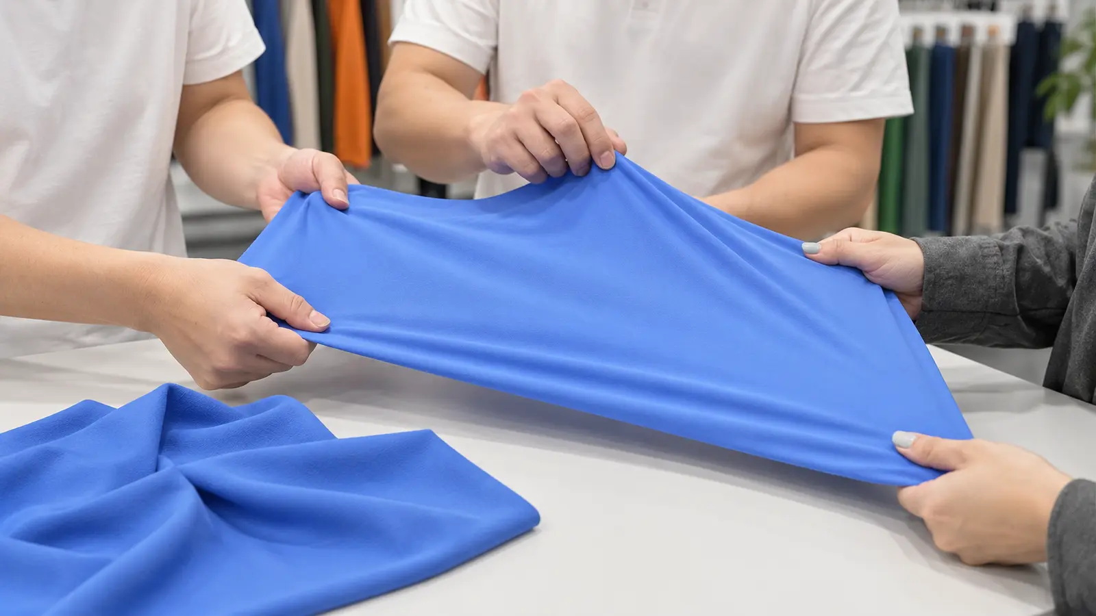 Cofinay team reviewing multidirectional stretch and recovery in a blue activewear fabric.