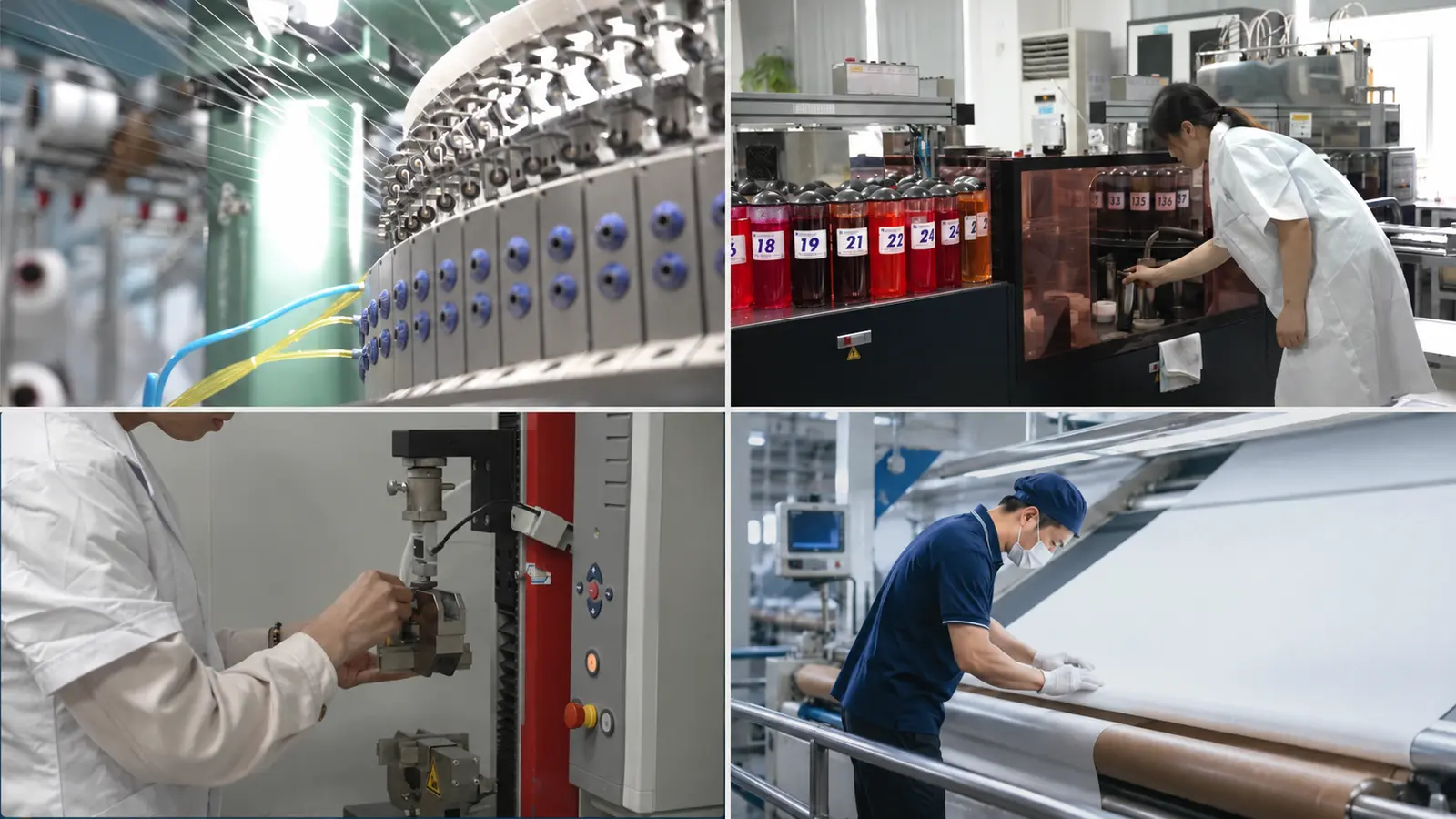 Activewear fabric production stages including circular knitting, dyeing, laboratory testing and final fabric inspection.