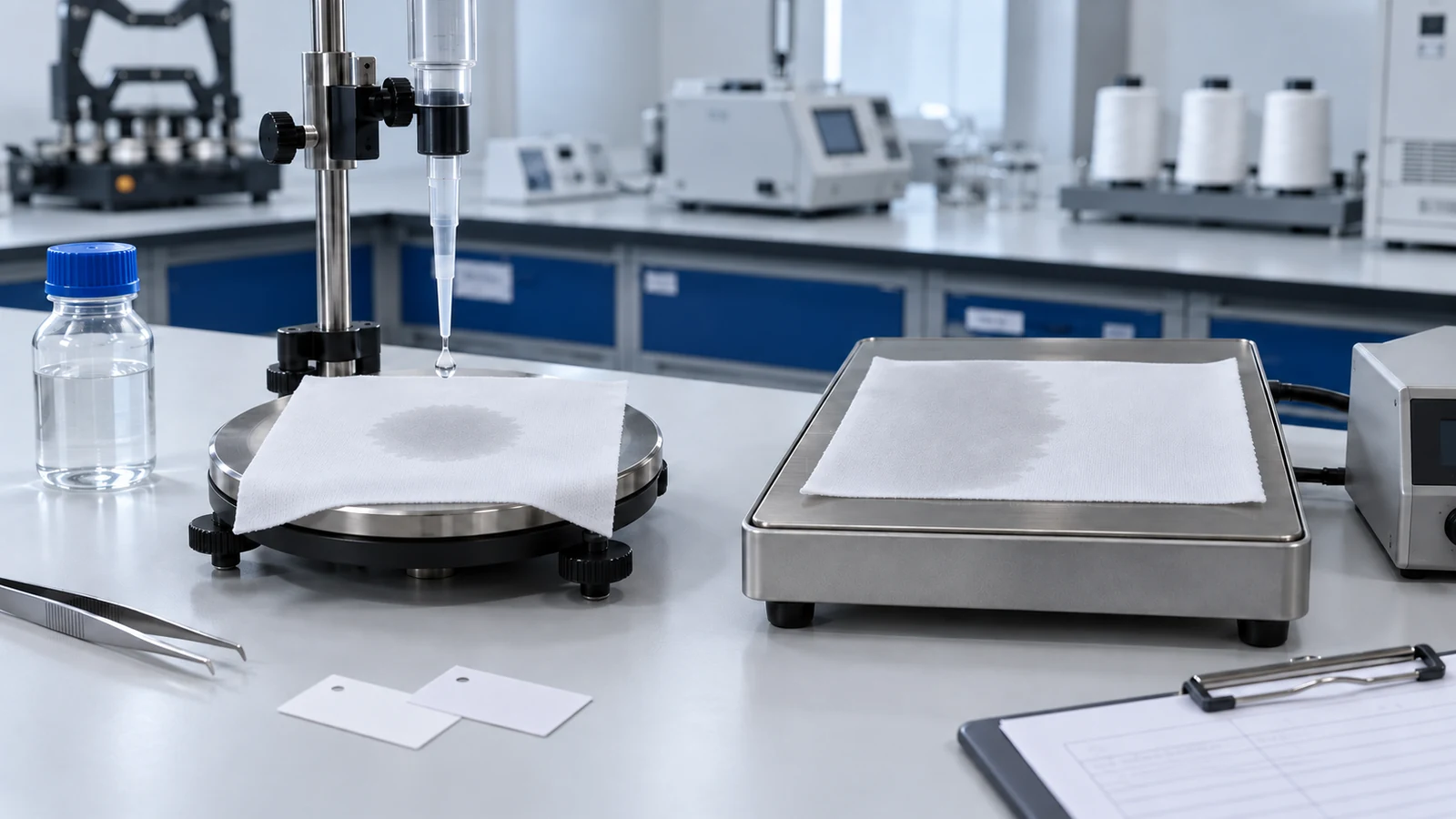 Laboratory comparison of moisture spreading and heated-plate drying in Cofinay P61005 activewear fabric samples.