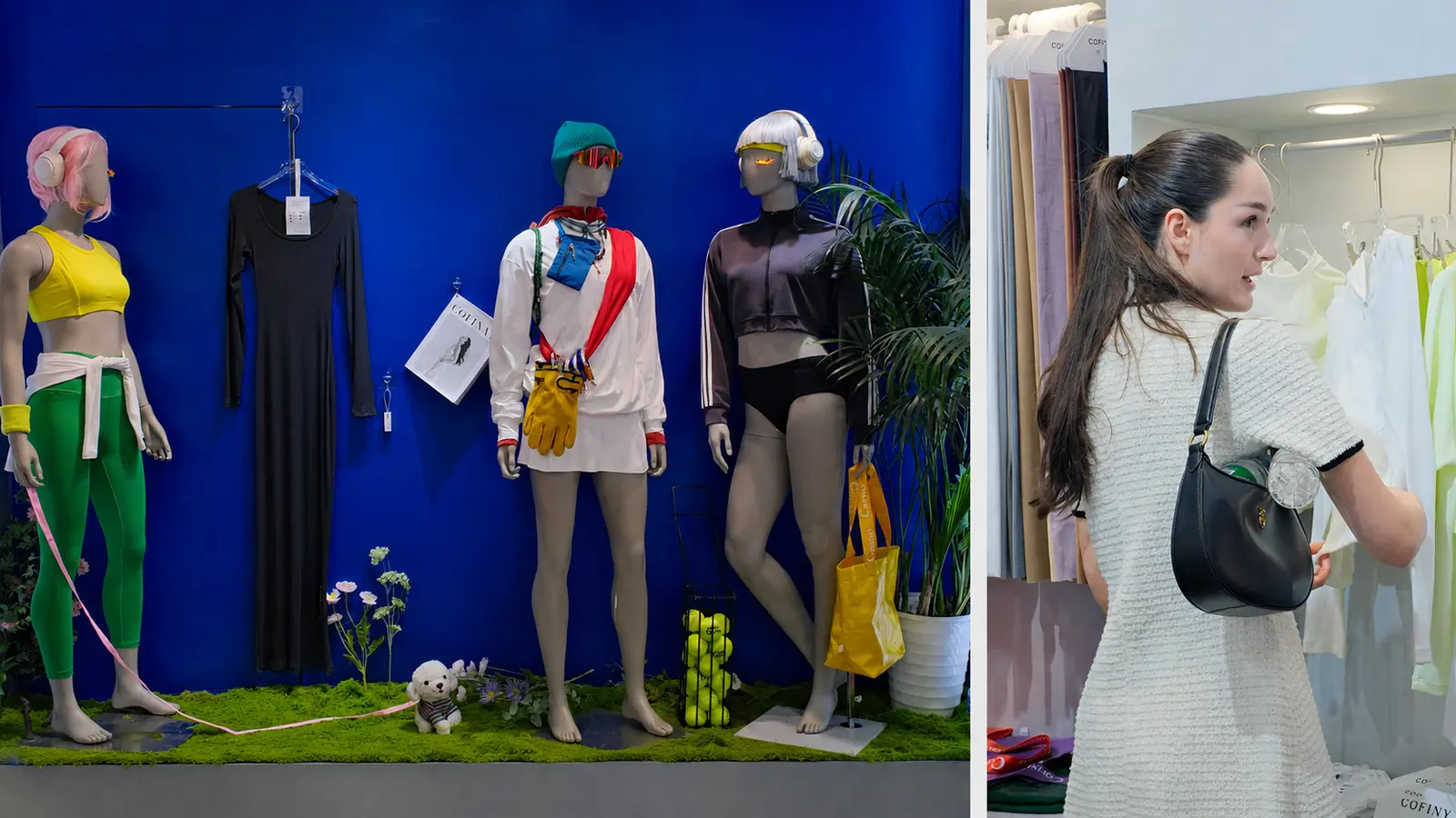 A visitor exploring Cofinay activewear displays and garment applications at Intertextile Shanghai 2026.