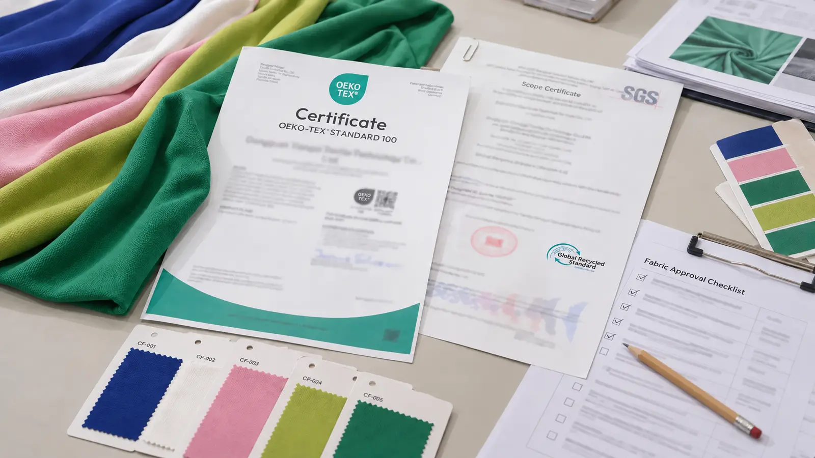 Buyer reviewing Cofinay fabric specifications, approved swatches and supplier certification documents.