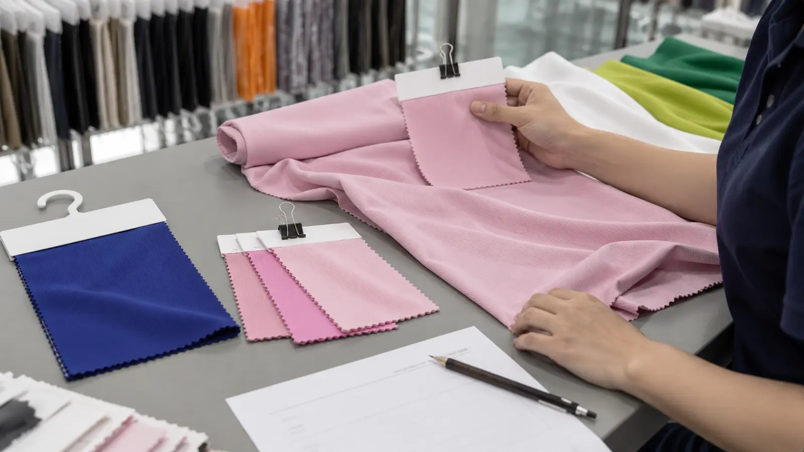 A Cofinay textile technician comparing lab-dip shade options with sample yardage during fabric approval.