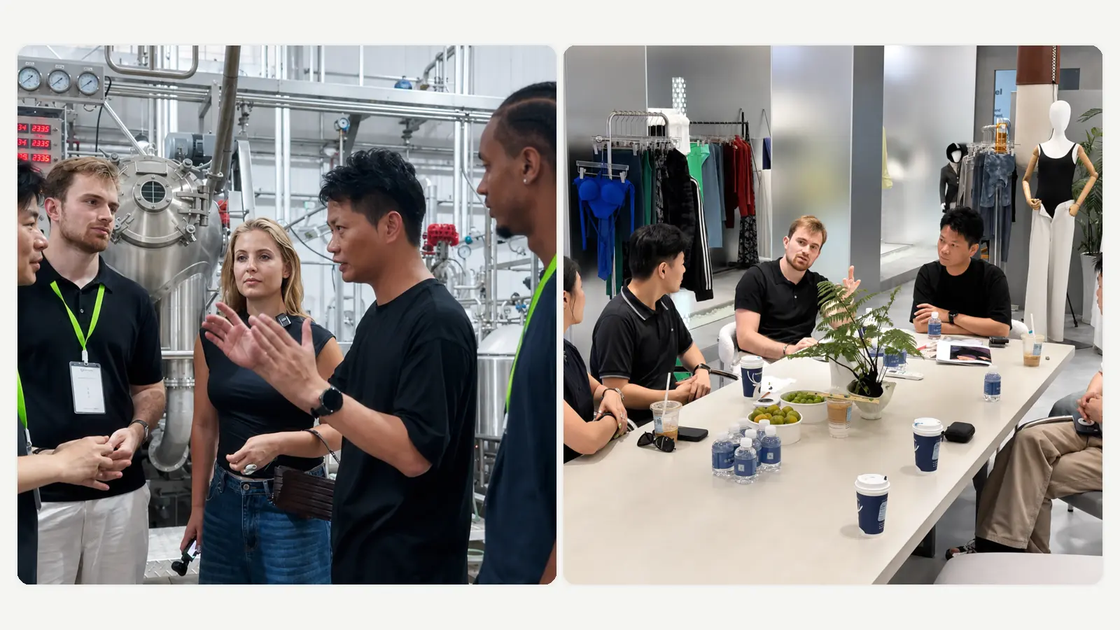 Cofinay team discussing activewear fabric requirements with international buyers